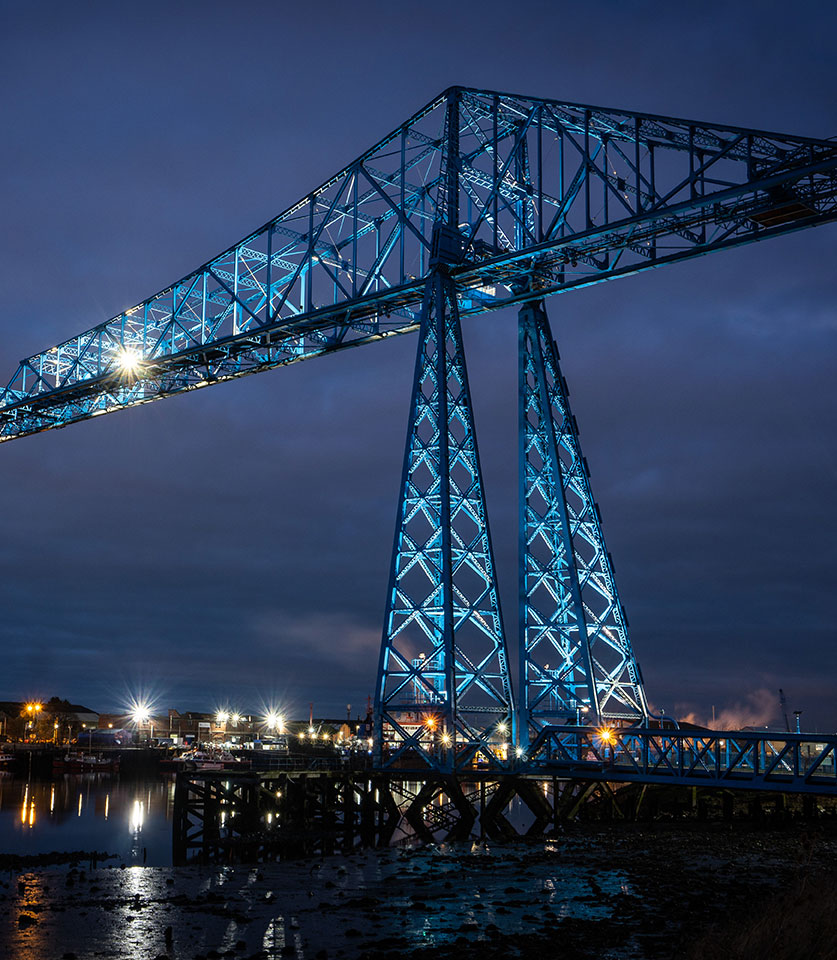 The Tees Transporter Bridge at dusk